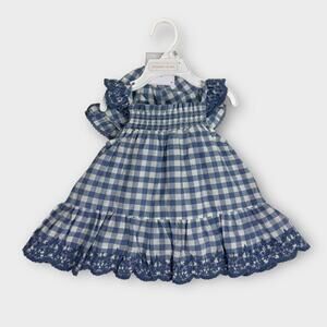 Shabby Chic Baby Girl Size 3-6M Blue Gingham Print Sun Dress Matching Hat Set